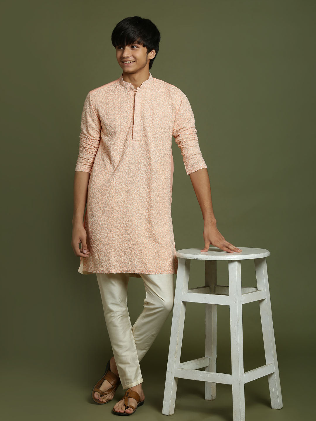 VASTRAMAY Boys' Pink Georgette Chikankari Kurta Pyjama Set