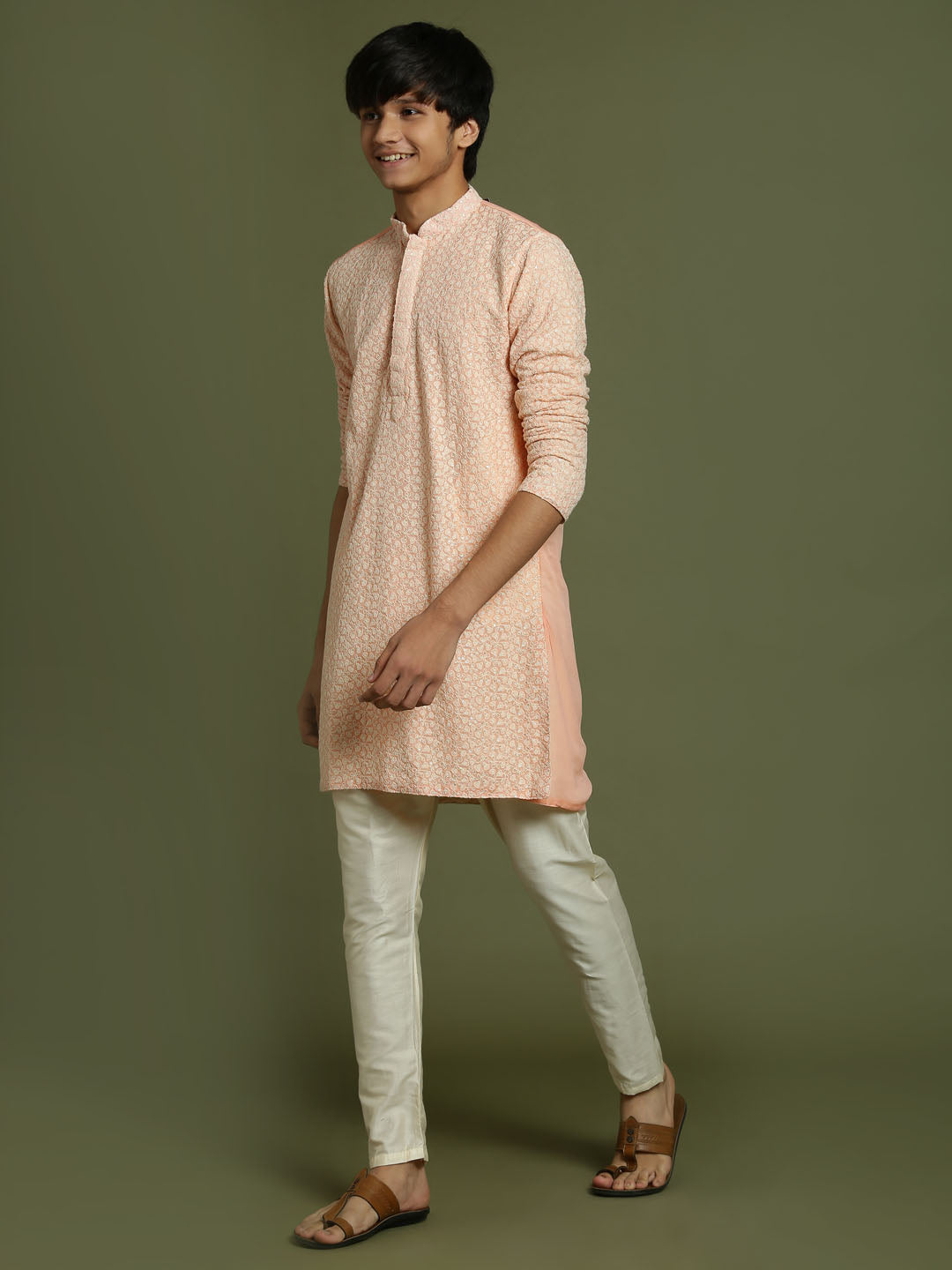 VASTRAMAY Boys' Pink Georgette Chikankari Kurta Pyjama Set