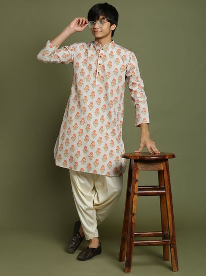 VASTRAMAY Boys' Multicolor-Base-Beige And Cream Kurta Patiala Set