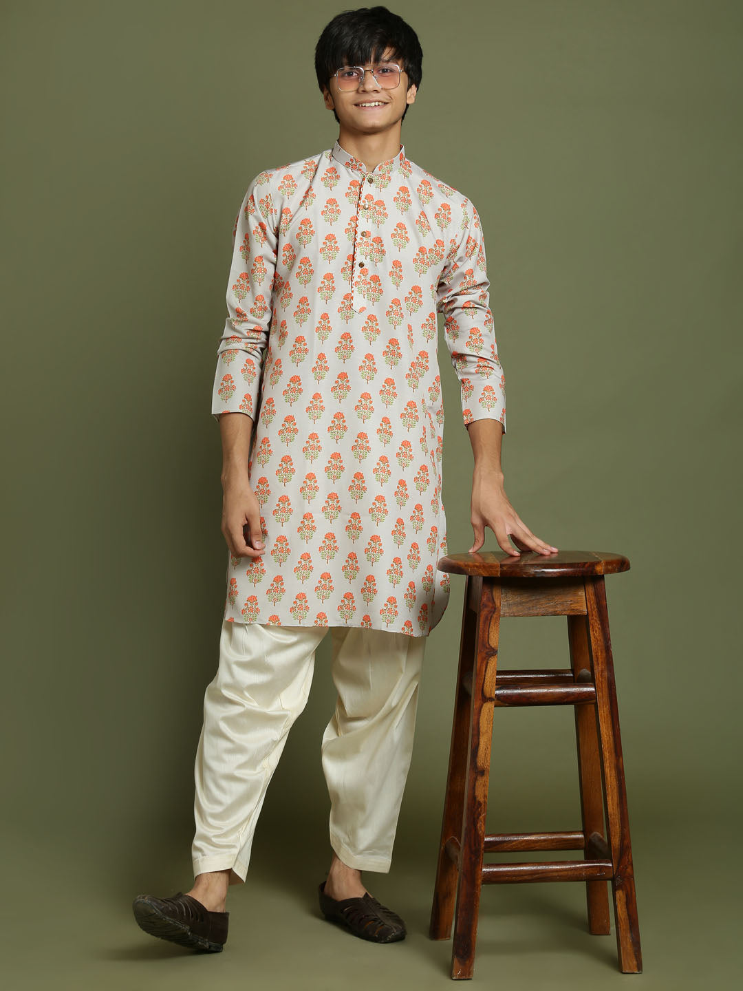 VASTRAMAY Boys' Multicolor-Base-Beige And Cream Kurta Patiala Set