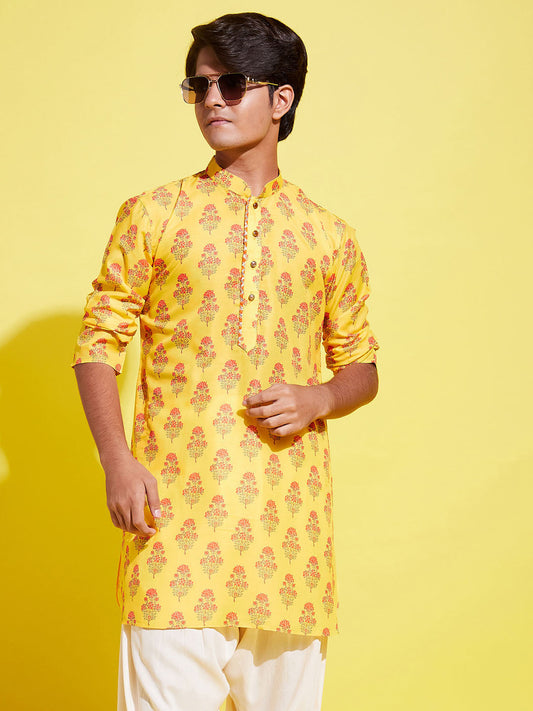 VASTRAMAY Boy's Orange Multi Color Printed Cotton Blend Kurta