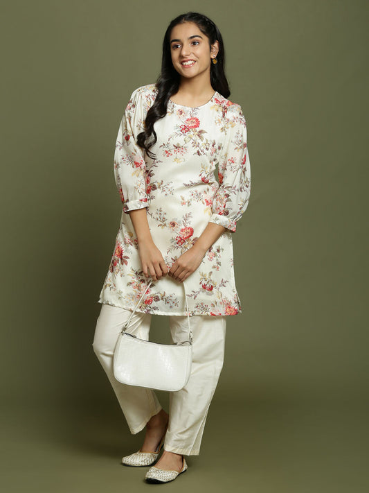 Yuva VASTRAMAY Girls Cream Floral Printed Kurta With Cream Pant Set