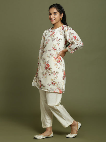 Yuva VASTRAMAY Girls Cream Floral Printed Kurta With Cream Pant Set