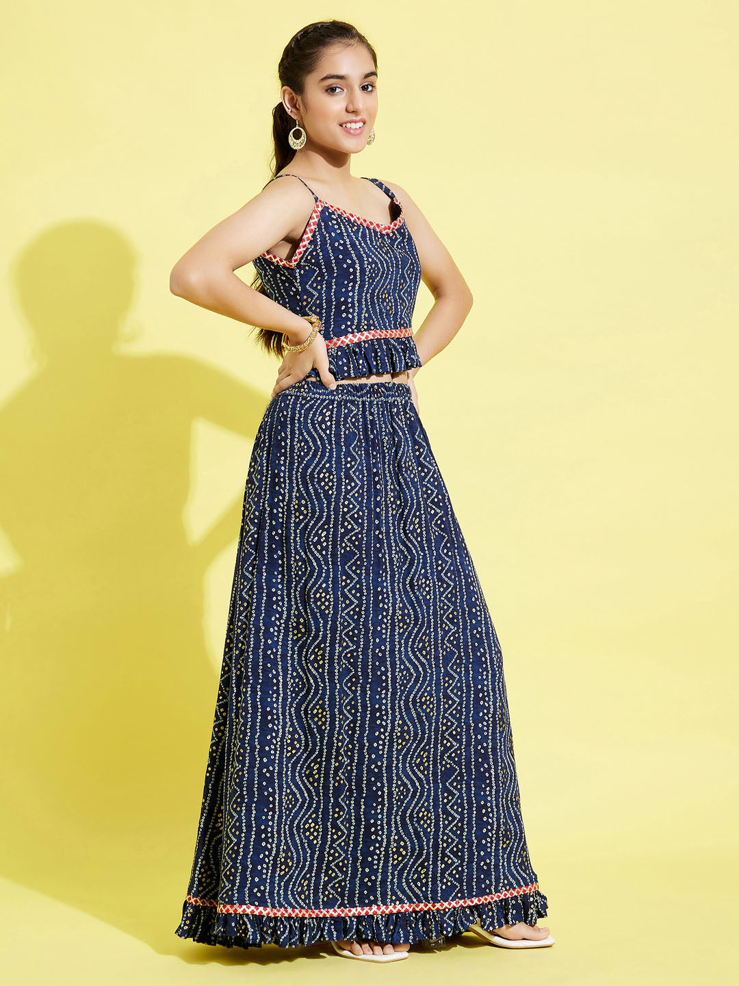 VASTRAMAY Girl's Blue Bandhni Print Crop Top And Blue Long Skirt Set