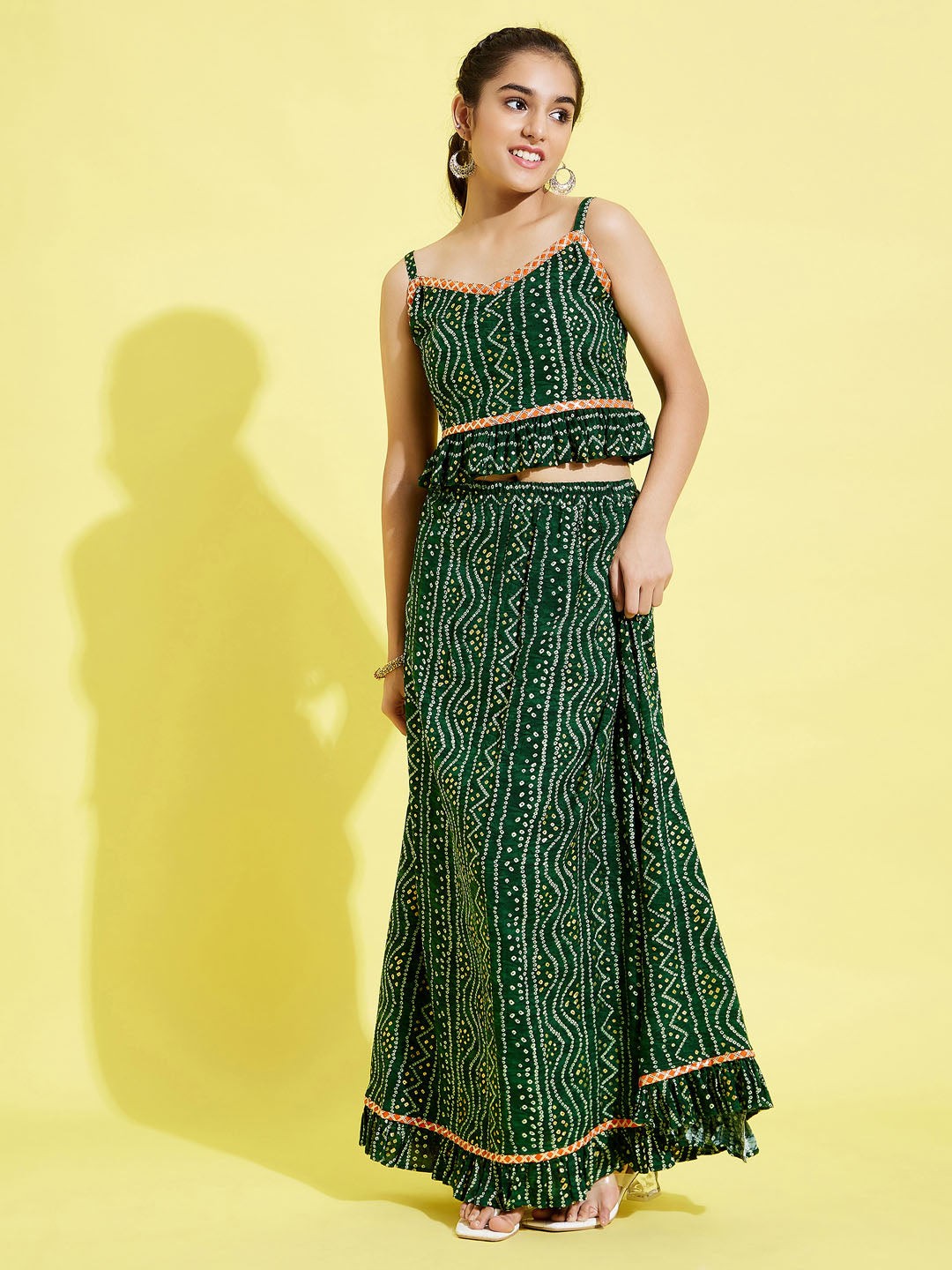 VASTRAMAY Girl's Green Bandhni Print Crop Top And Green Long Skirt Set