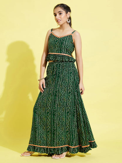 VASTRAMAY Girl's Green Bandhni Print Crop Top And Green Long Skirt Set