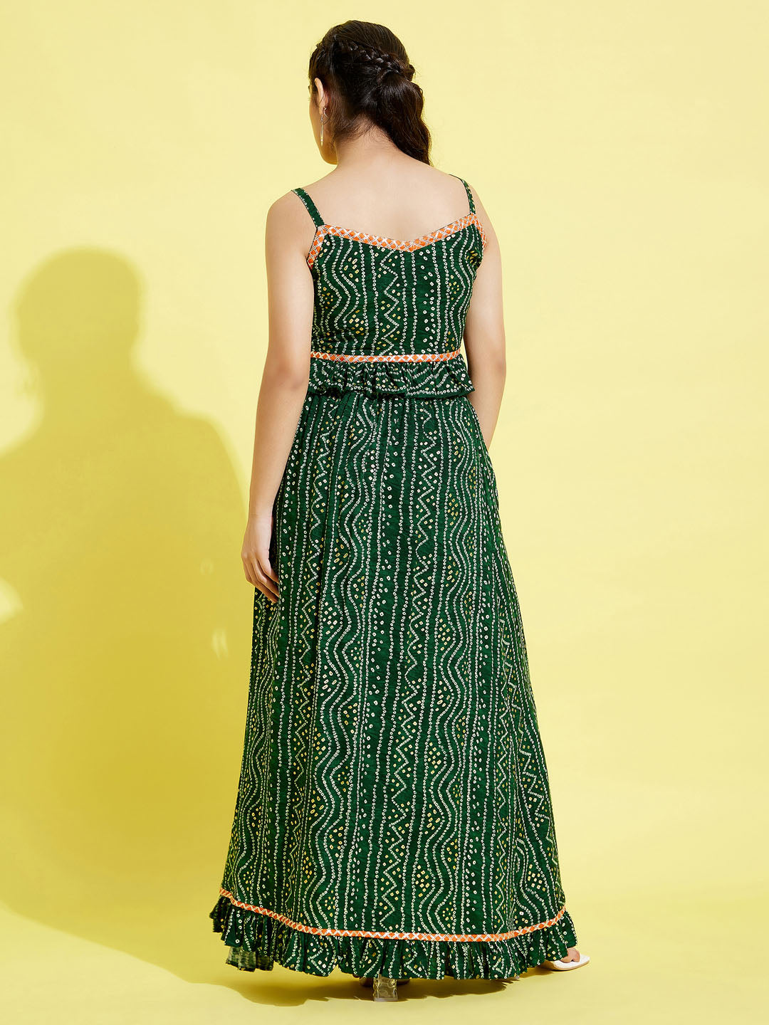 VASTRAMAY Girl's Green Bandhni Print Crop Top And Green Long Skirt Set