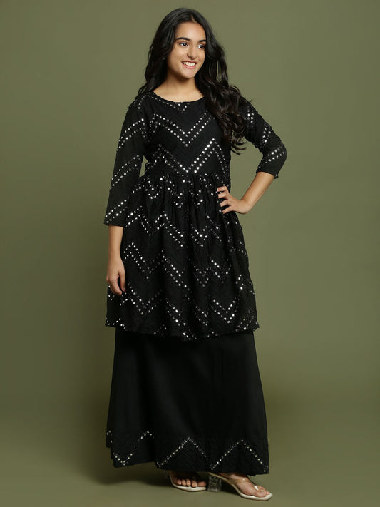 Yuva By VASTRAMAY Girl's Black Mirror Work Flared Kurta And Long Skirt Set