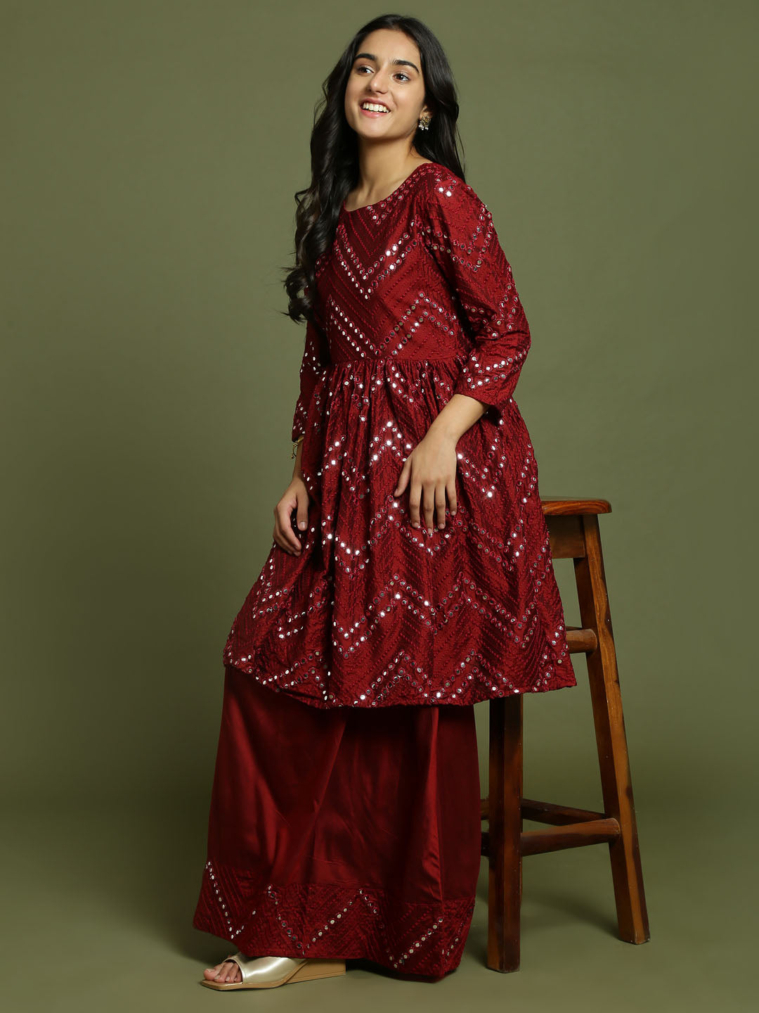 Yuva By VASTRAMAY Girl's Maroon Mirror Work Flared Kurta And Long Skirt Set