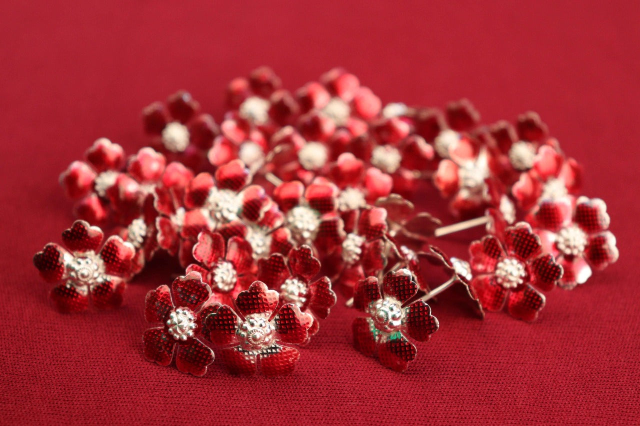 Pure Silver Red Colour Flowers 5 Pcs 10 grams