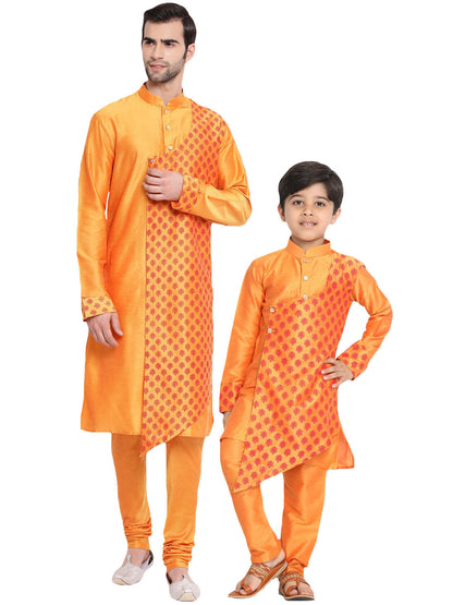 Vastramay Baap Beta Orange Silk Blend Printed Angrakha Design Kurta Pyjama Set