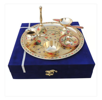 Puja Thali Set In Brass With Velvet Box