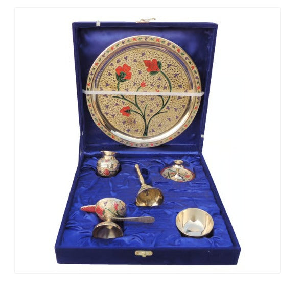 Puja Thali Set In Brass With Velvet Box