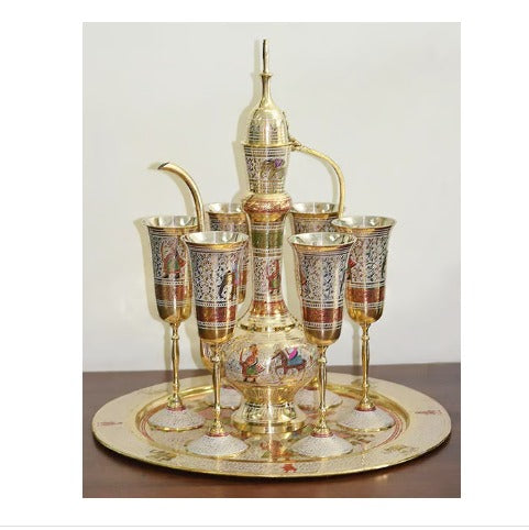 Brass Showpiece Surahi Set With 6 Wine Glasses