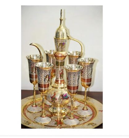 Brass Showpiece Surahi Set With 6 Wine Glasses