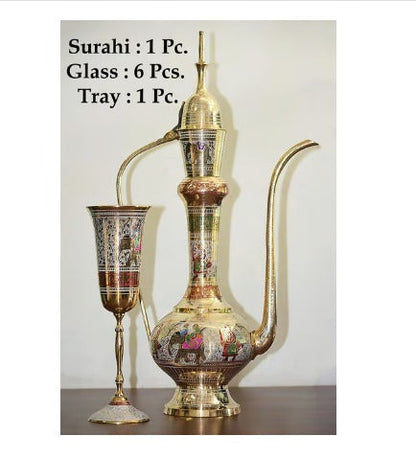 Brass Showpiece Surahi Set With 6 Wine Glasses