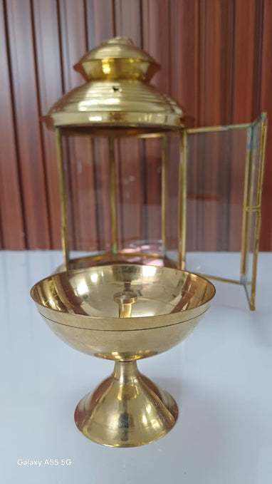 Brass Akhand Glass Jyoti Diya Stand