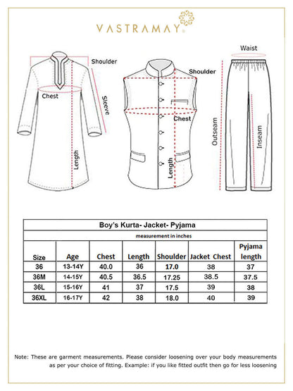 VASTRAMAY Boy's Cream Mirror Work Jacket And Solid Kurta Pyjama Set