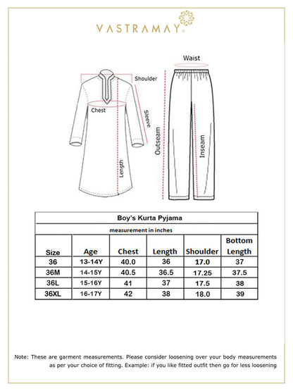 VASTRAMAY Boys Cream Embroidered Vertical Mirror Work Kurta With Pyjama Set