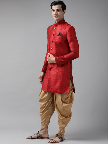 Vastramay Men's Maroon And Rose Gold Silk Blend Sherwani Set