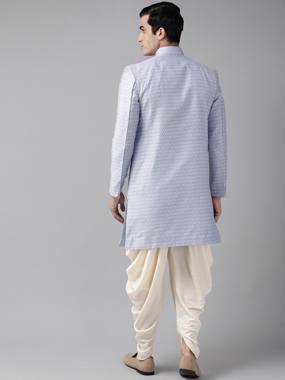 Vastramay Men's Lavender and Off-white Silk Blend Sherwani Set