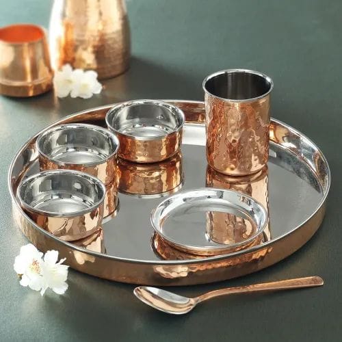 Copper Steel Dinner Thali Set 7 Pcs