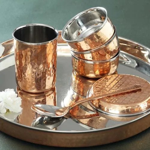 Copper Steel Dinner Thali Set 7 Pcs