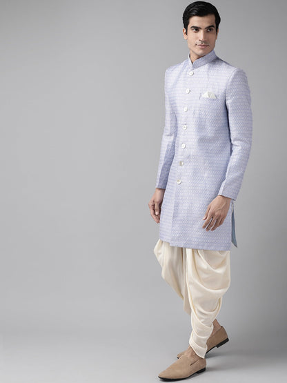 Vastramay Men's Lavender and Off-white Silk Blend Sherwani Set