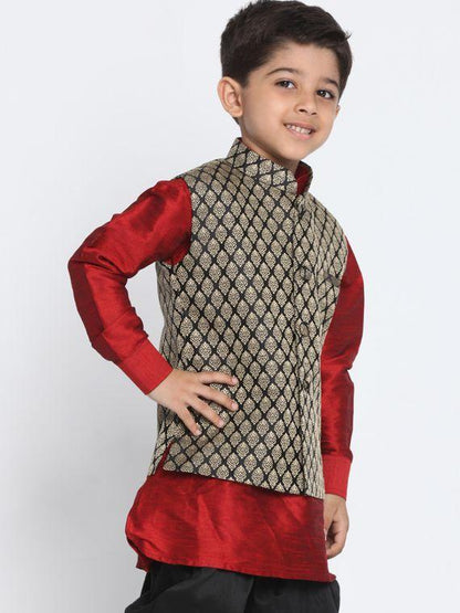 Vastramay Boys' Black Cotton Silk Blend Nehru Jacket