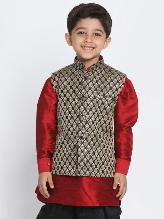 Vastramay Boys' Black Cotton Silk Blend Nehru Jacket