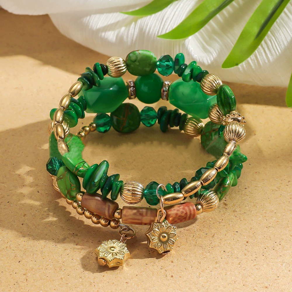 Jewels Galaxy Beads & Stones Wraparound Bracelet (Green)