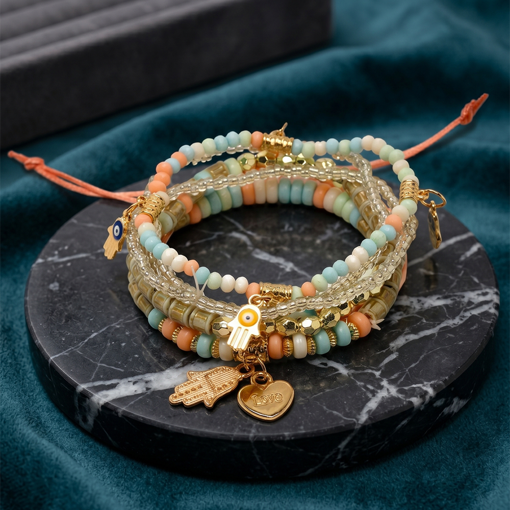 YouBella Evil Eye Multi-Layer Charm Bracelet Set (Multicolour)