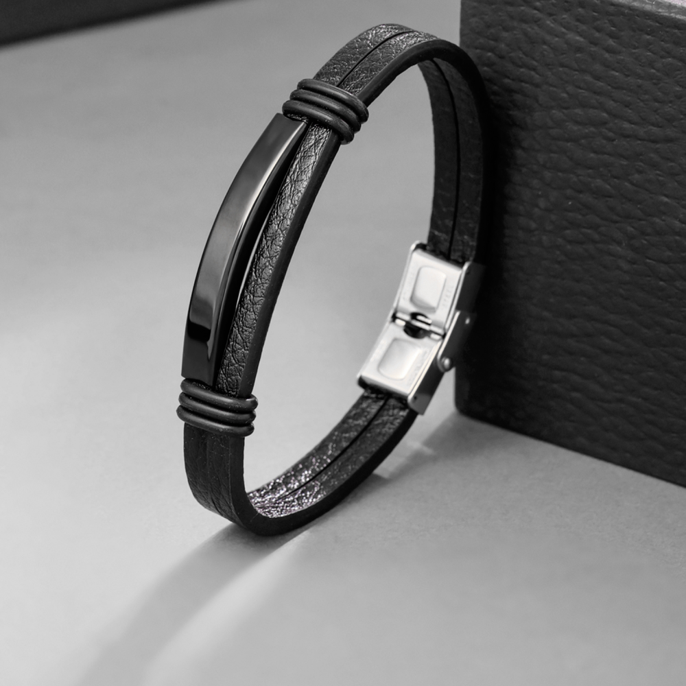 Yellow Chimes Leather Men's Bracelet (Black)