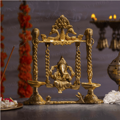 Brass Ganesh Jhula with Parrot and Deepak