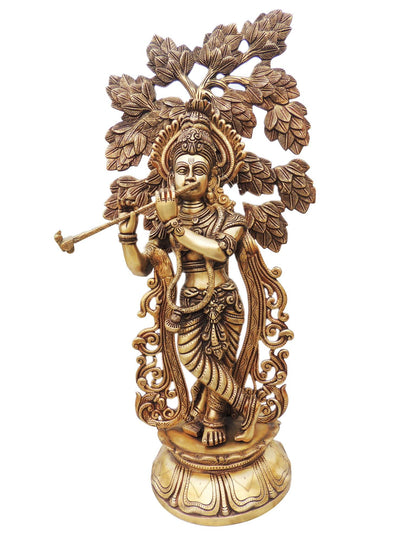 Brass Krishna Statue with Tree