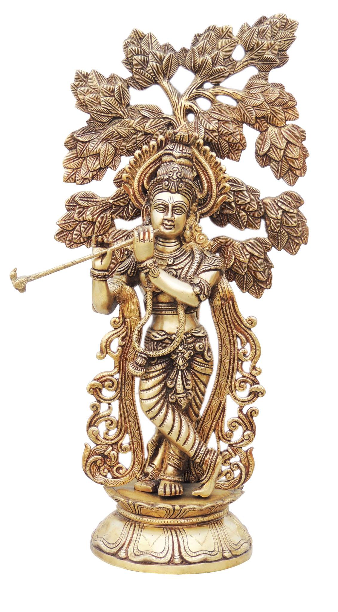 Brass Krishna Statue with Tree