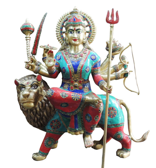 Brass Durga Stone Finish With Lacquer Statue