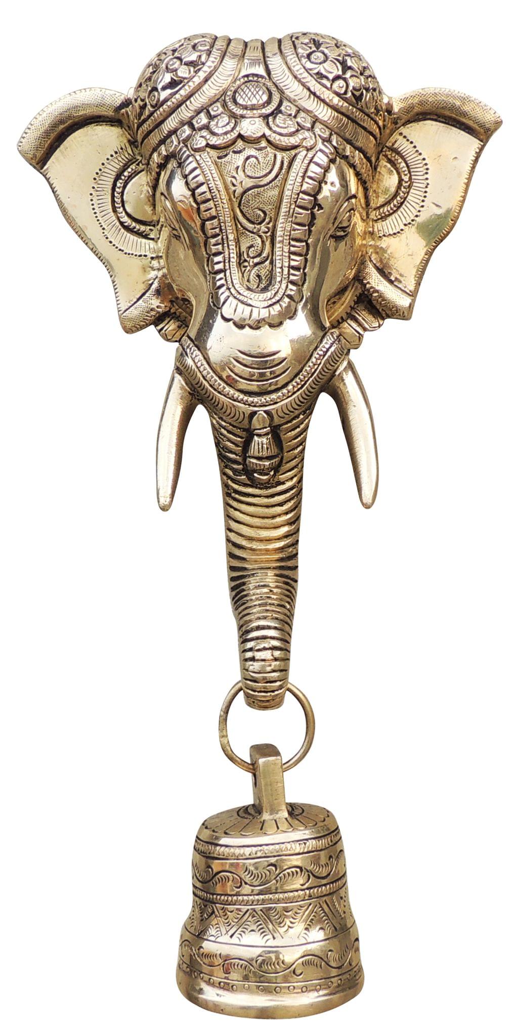 Brass Elephant Face With Bell Statue