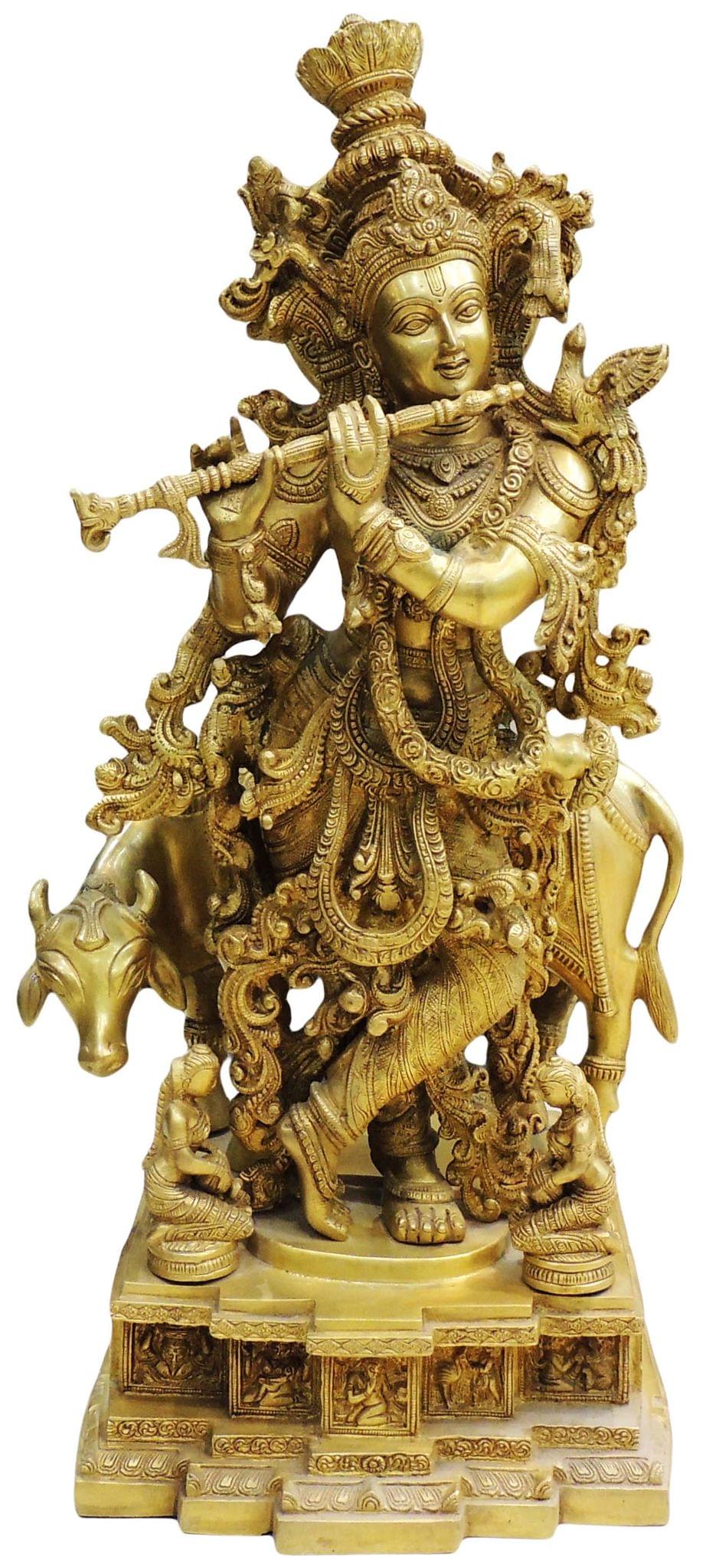 Brass Cow With Krishna God Idol Statue