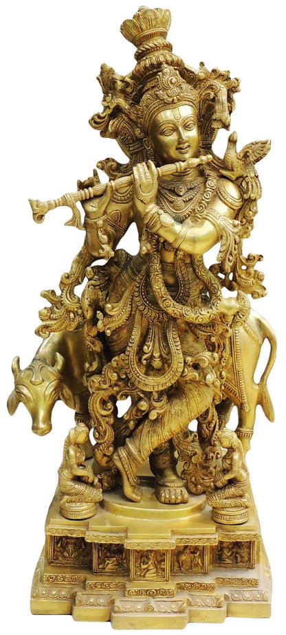 Brass Cow With Krishna God Idol Statue