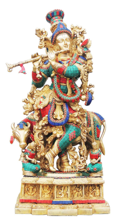 Brass Cow Krishna Big Stone Idol