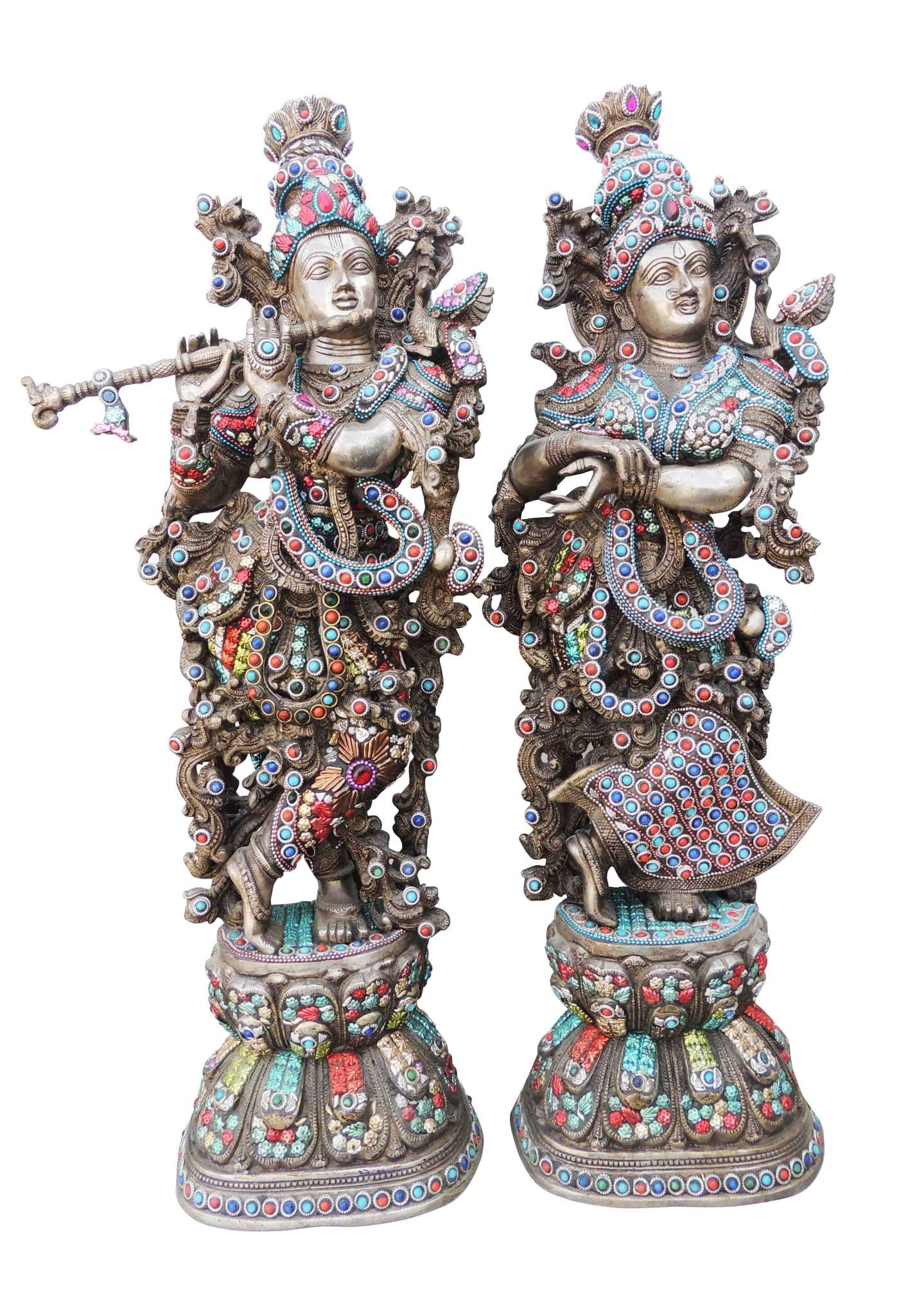 Brass Radha Krishna Stone Silver Antique