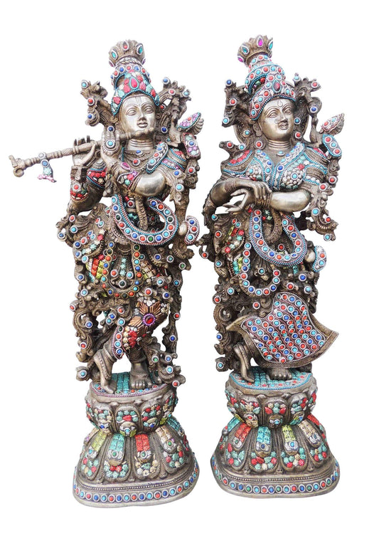 Brass Radha Krishna Stone Silver Antique