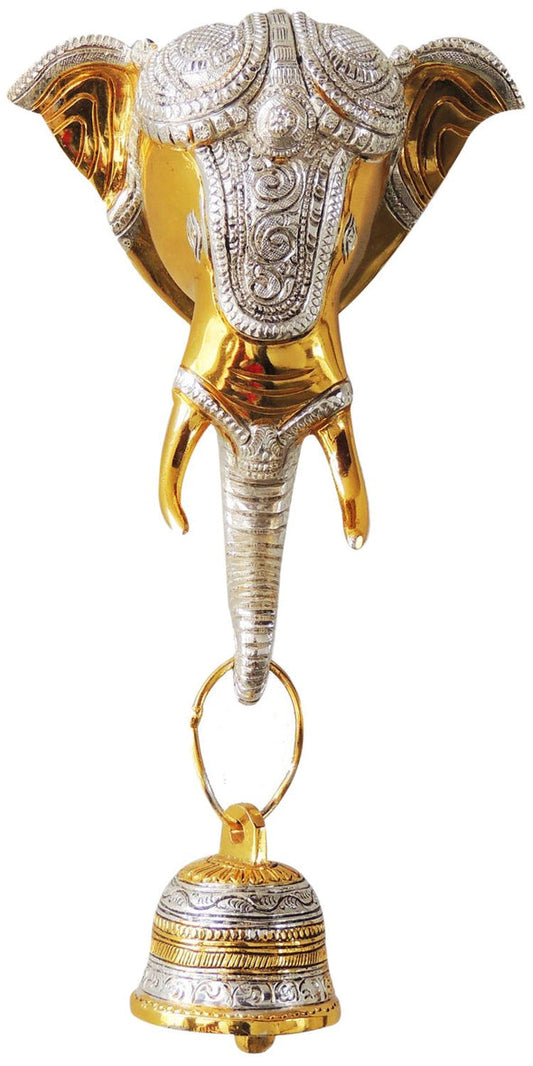 Brass Elephant Face With Bell Statue