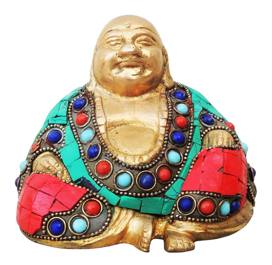 Brass Laughing Buddha Statue With Turquoise Coral