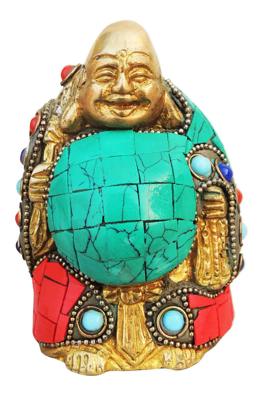 Brass Laughing Buddha Statue With Turquoise Coral