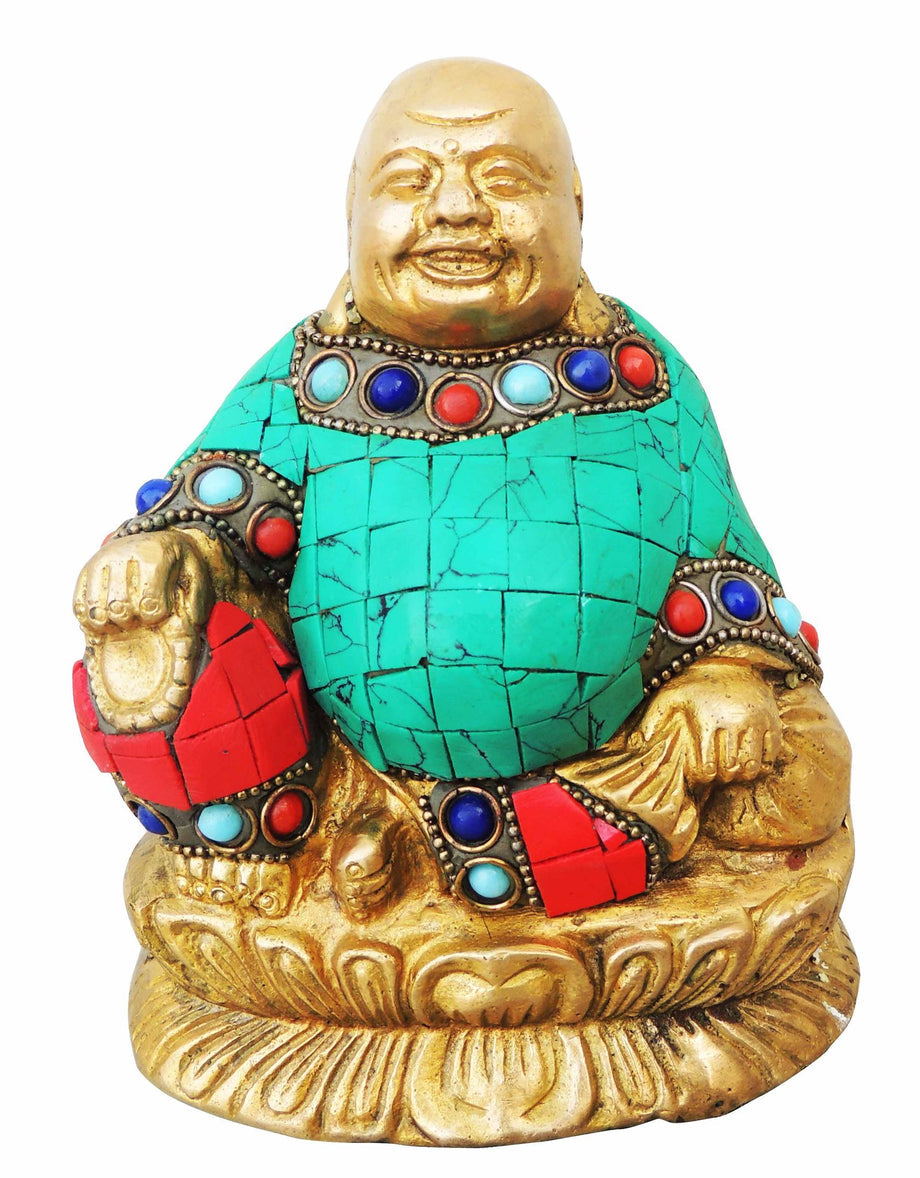 Brass Laughing Buddha Statue With Turquoise Coral