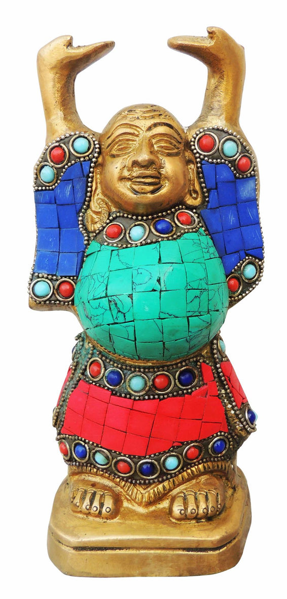 Brass Laughing Buddha Statue With Turquoise Coral