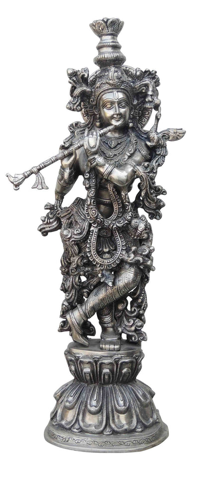 Brass Krishna Statue With Silver Antique Finish