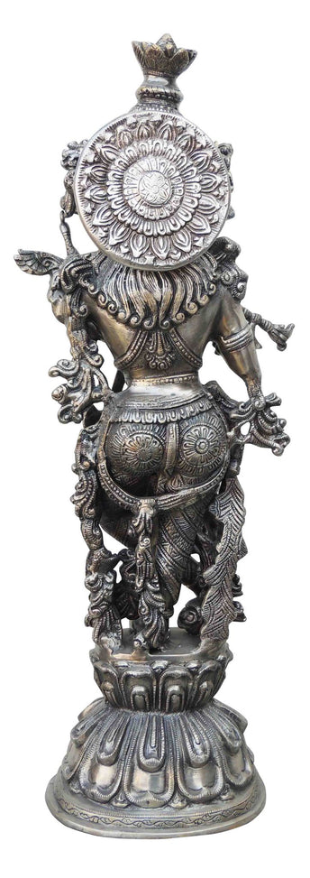 Brass Krishna Statue With Silver Antique Finish